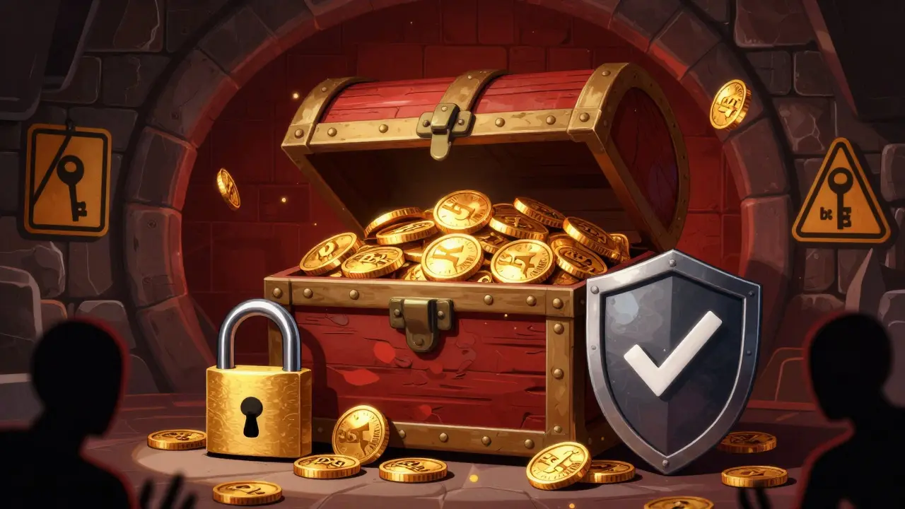 Golden SCALE tokens in a vault surrounded by security symbols and phishing warnings.