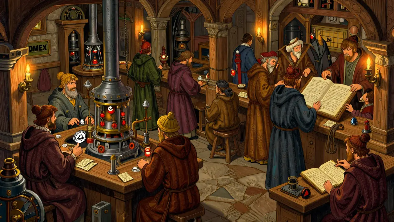 Guild members actively working on mining machines and ledgers in a hall