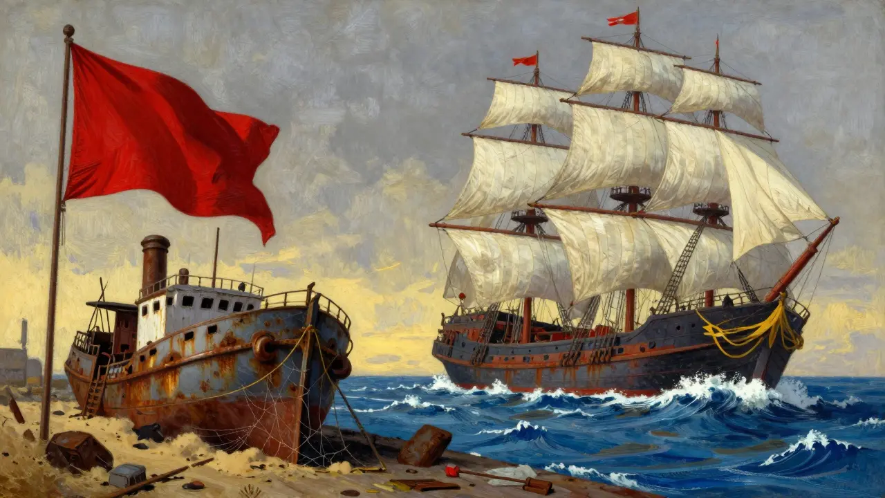 Howard Pyle style art comparing an abandoned ship to vibrant sailing ships representing active crypto exchanges.