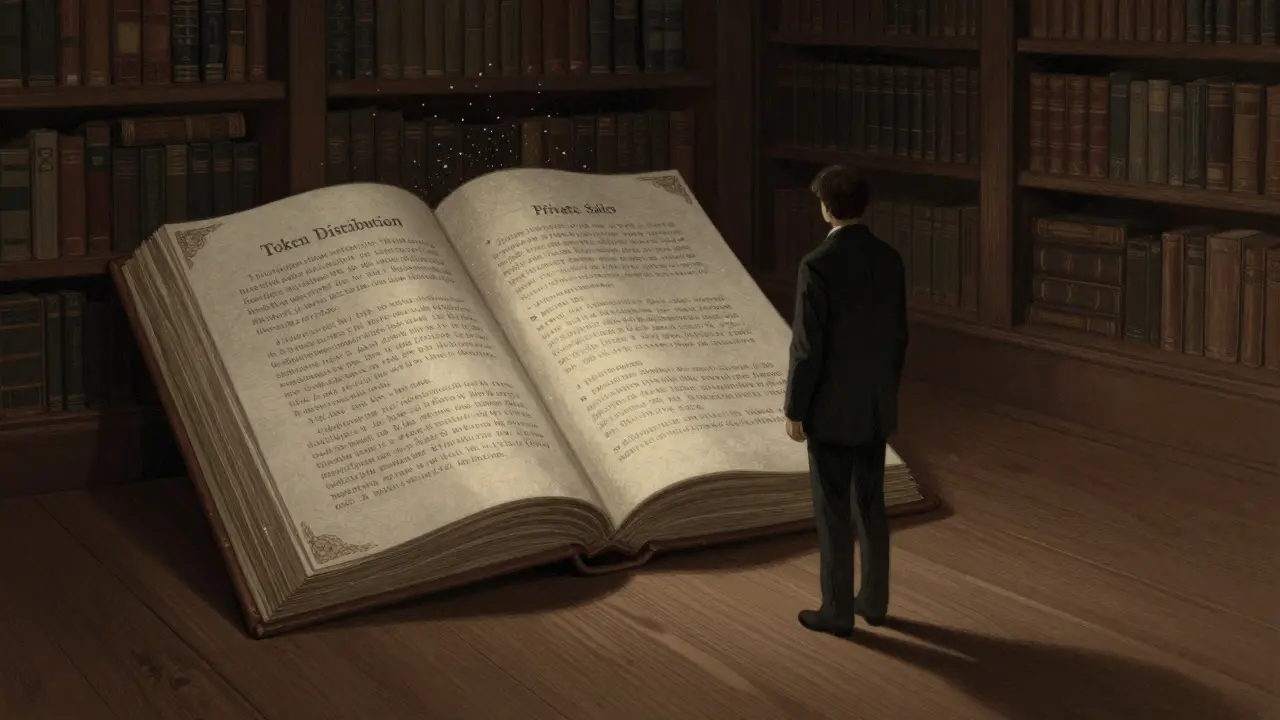 Howard Pyle style illustration of a quiet archive with a ledger showing historical token distribution data.