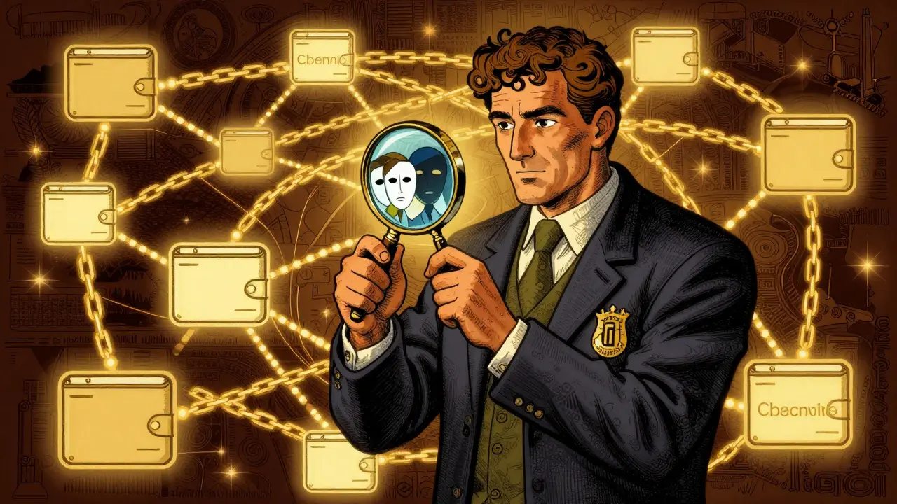 Illustration of blockchain analytics tracing anonymous crypto wallets to identities