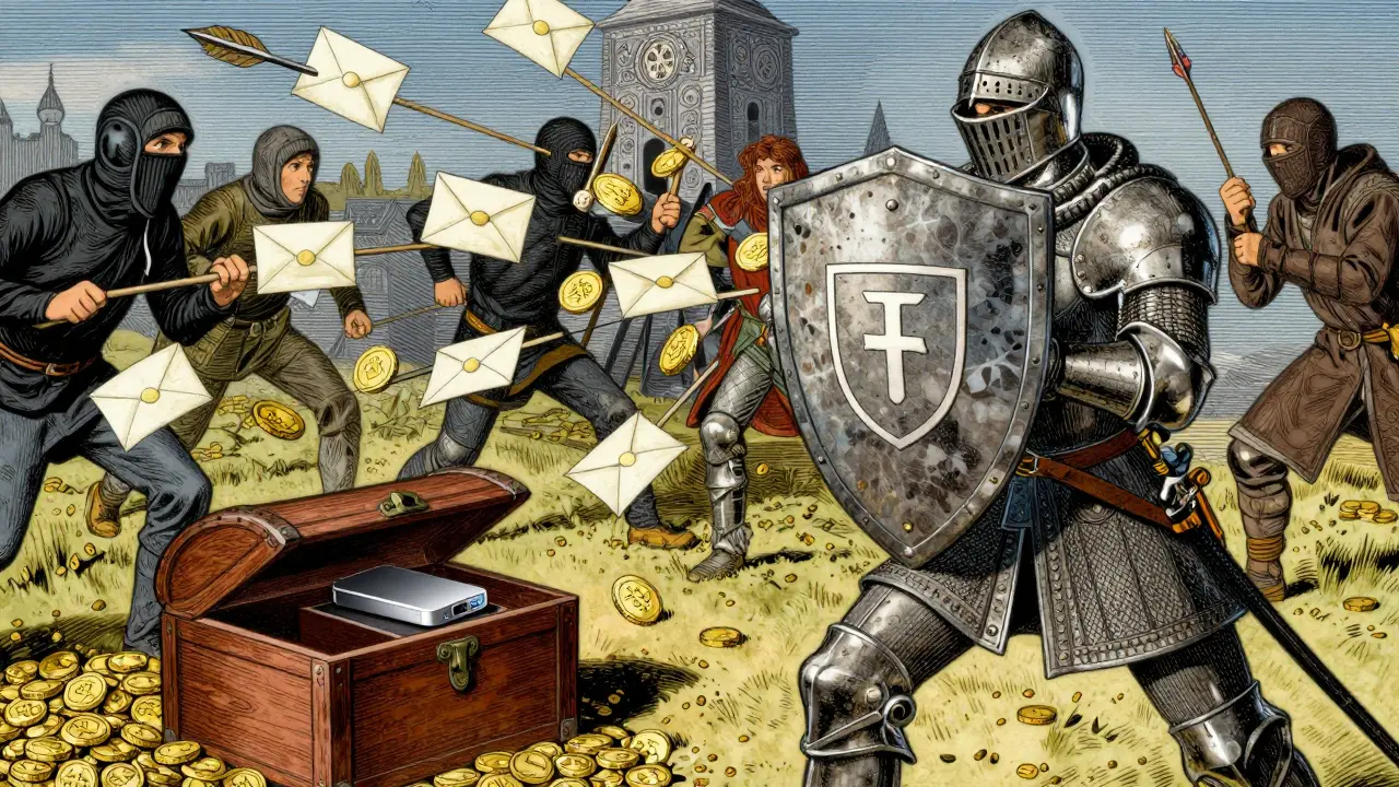 Knight shielding a secure chest from arrows disguised as fake reward letters