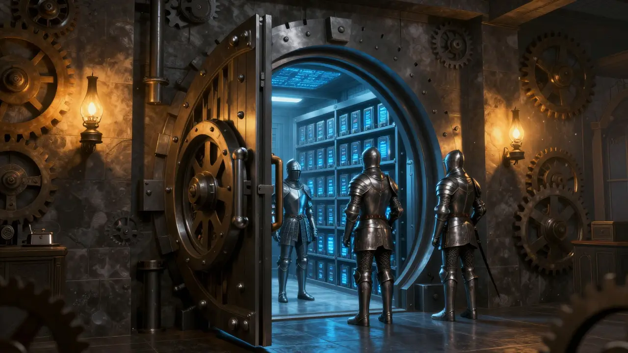Knights guarding a high-tech vault with cold storage crypto wallets