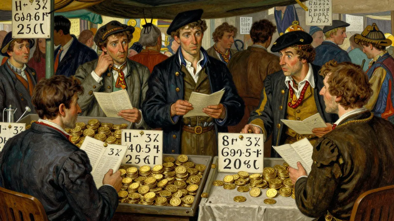 Marketplace stalls showing different prices for same coins, Howard Pyle style
