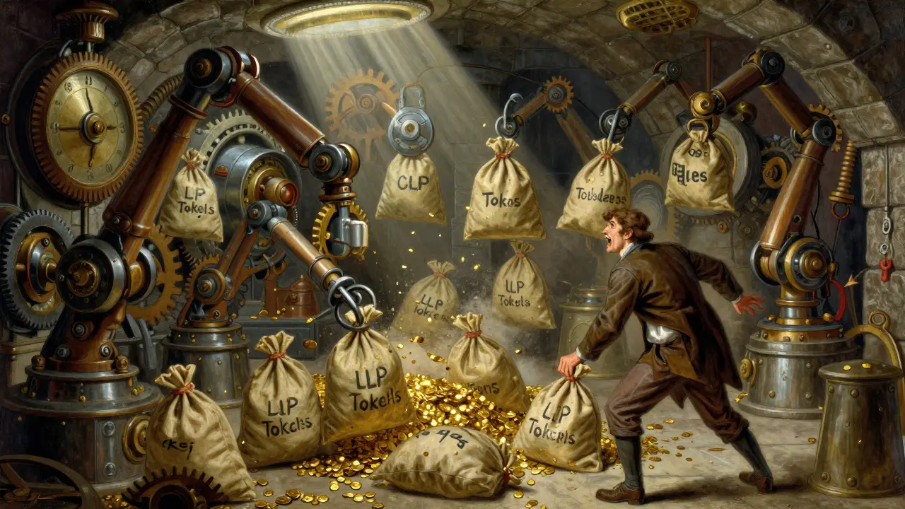 Mechanical arms seize gold tokens from a merchant in a dark vault, symbolizing liquidation.