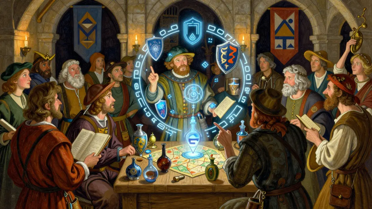 Medieval market with floating magical items and runes representing blockchain trade.