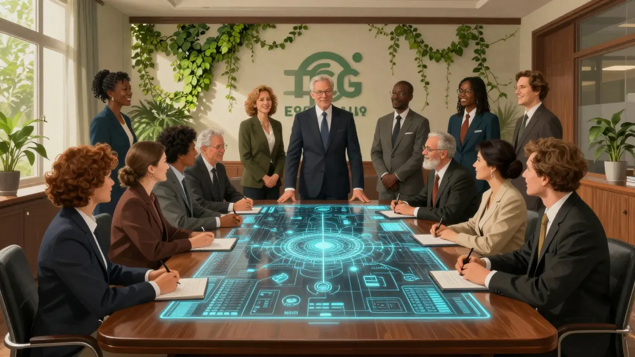 Optimistic scene of business leaders adopting sustainable blockchain tech in a green-filled office.