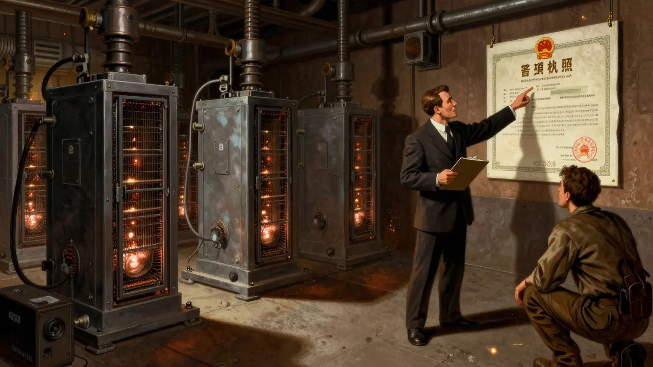 Regulated crypto mining farm with officials inspecting equipment licenses.