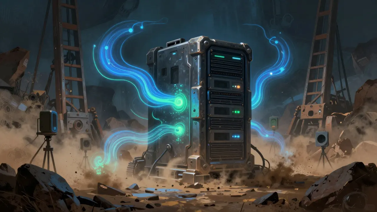 Rugged server processing data streams in a dusty mine tunnel