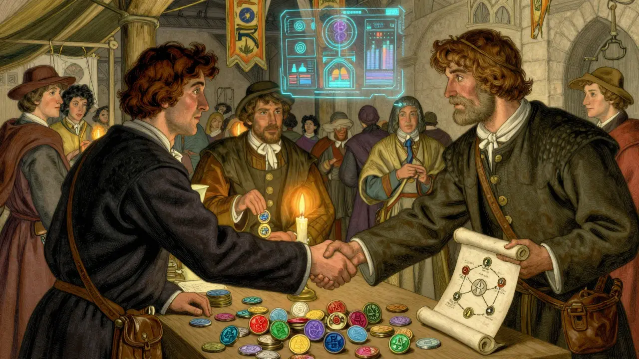 Scene of people exchanging digital tokens in a stylized marketplace setting.