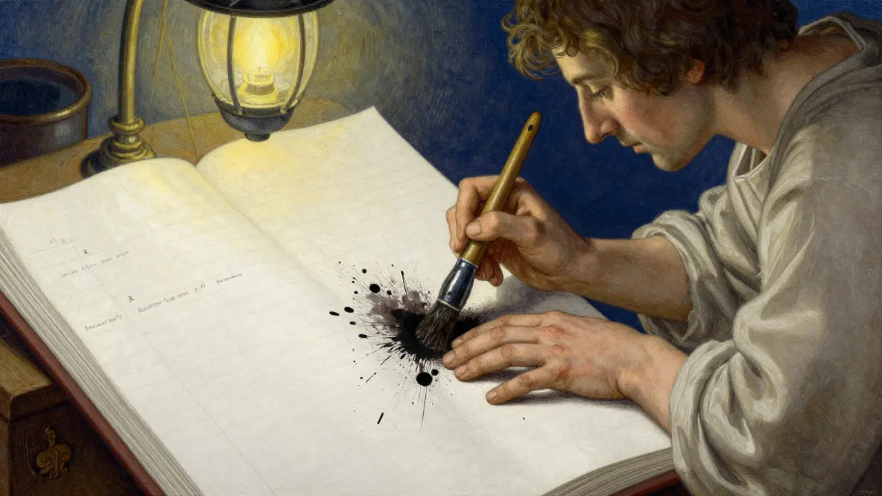 Scribe carefully scrubbing dark stains from a clean ledger page.