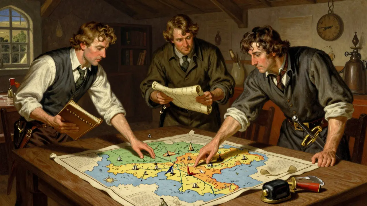 Strategic meeting with businessman, scholar, and fighter around a map