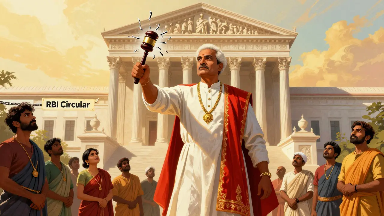 Supreme Court judge shattering RBI ban chains in golden light