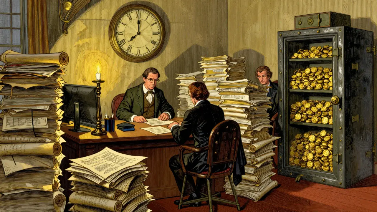 Team reviewing compliance documents and capital in vintage style