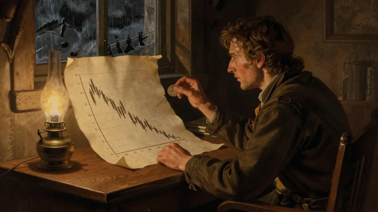 Trader looking at declining chart in dim room, Howard Pyle style