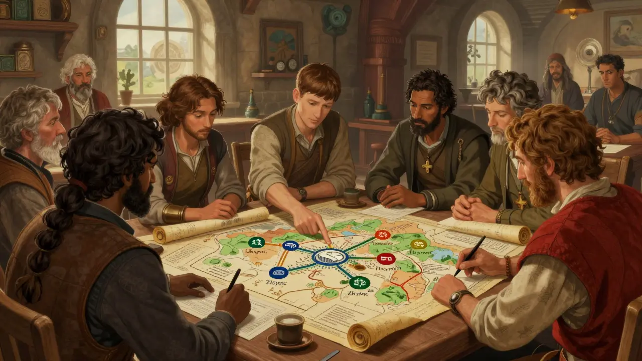 Traders analyzing cross-chain strategies and tokenomics in a vintage hall.