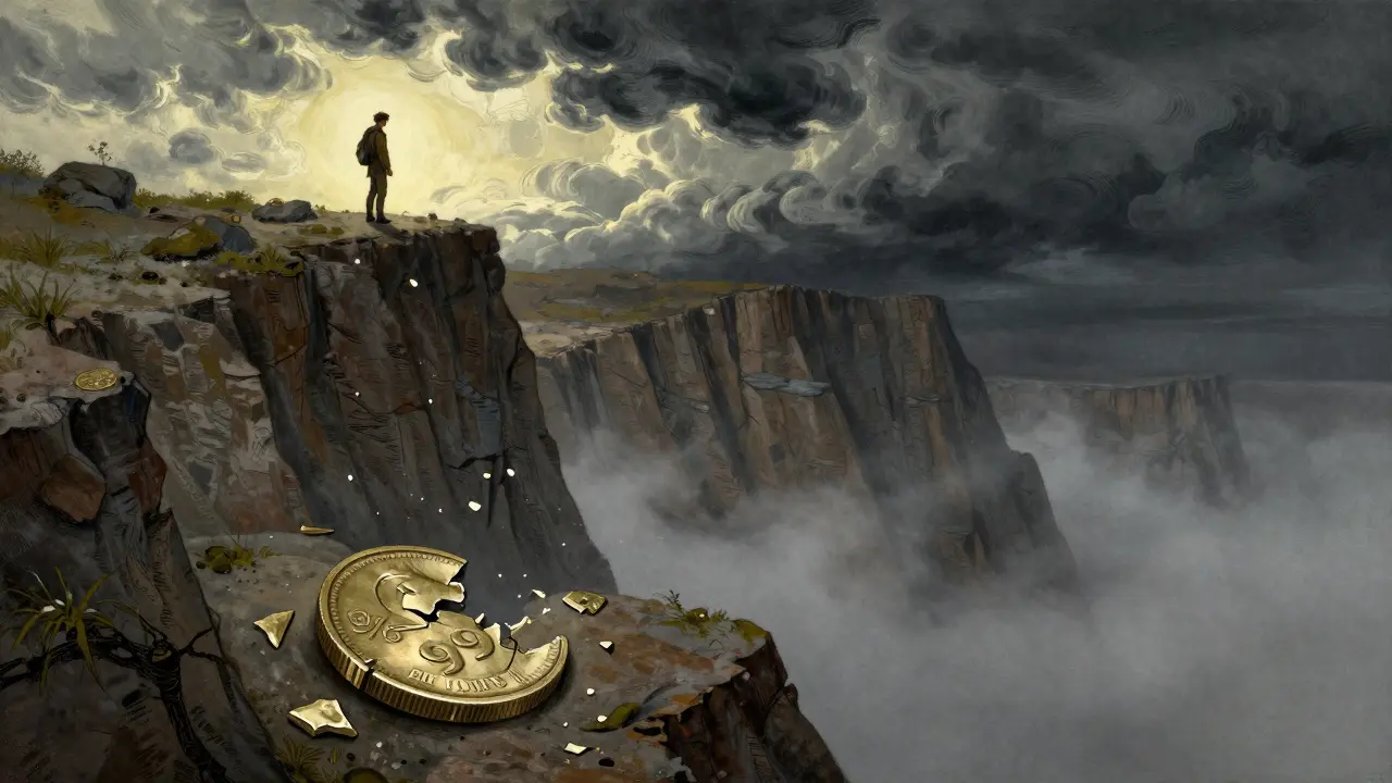 Traveler looking down at a broken coin at the bottom of a steep cliff