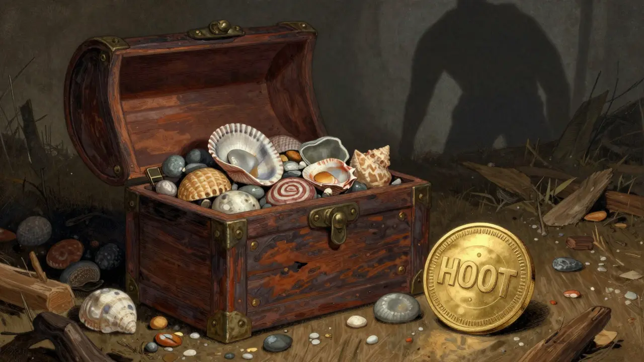 Treasure chest filled with empty shells under moonlight