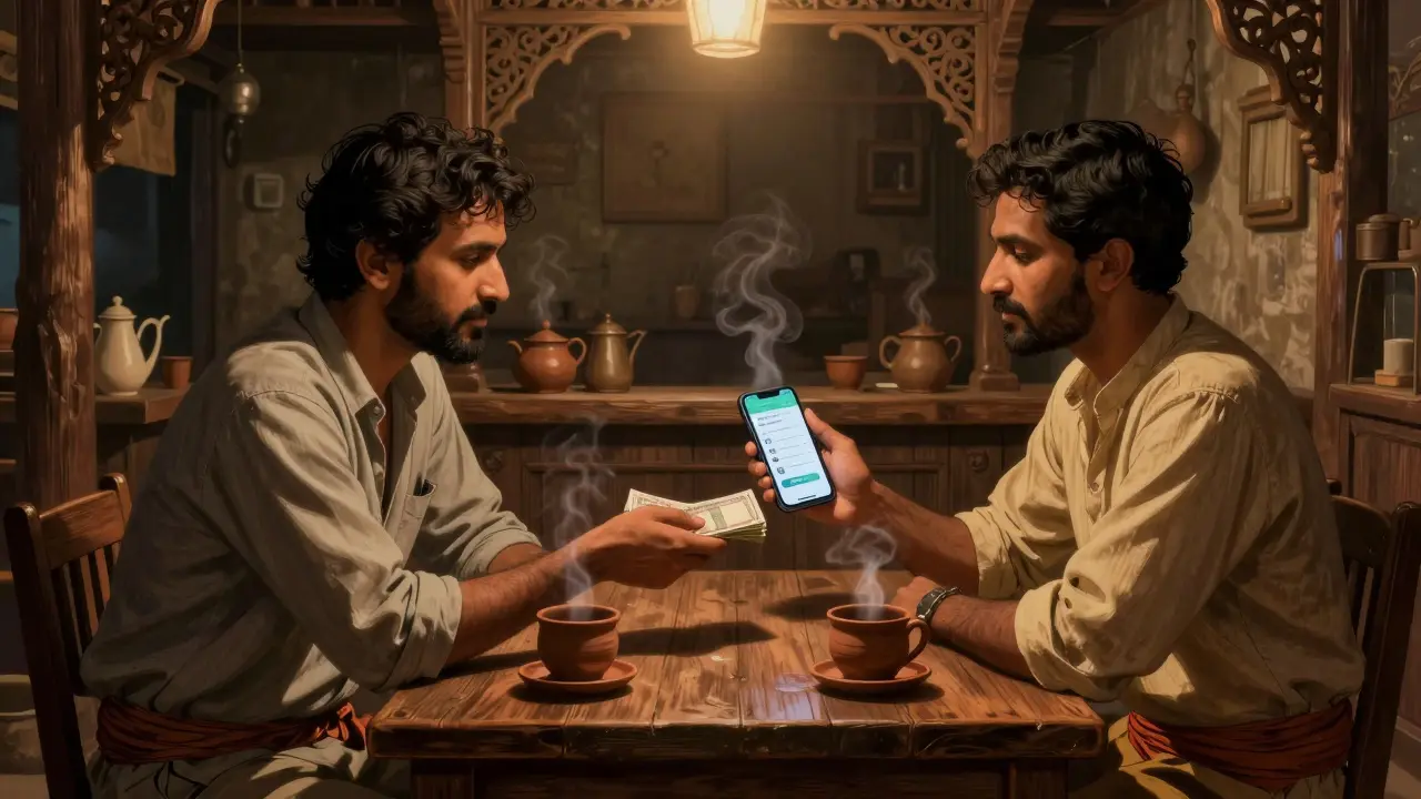 Two men exchanging cash for crypto at a tea stall
