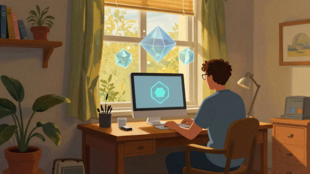 Warm illustration of a person running a PoS validator on a simple home computer in sunlight.