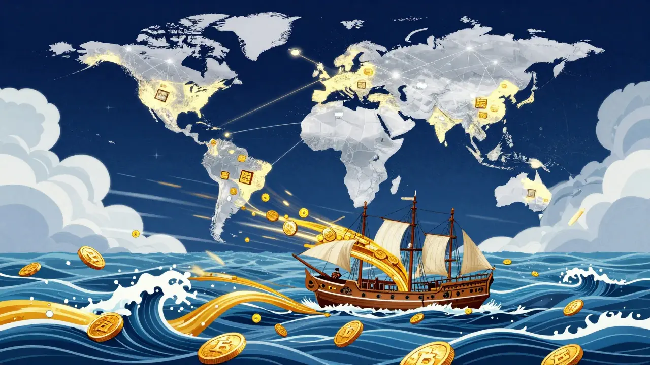 A stylized ship sailing on waves of gold coins connected by a global digital network.