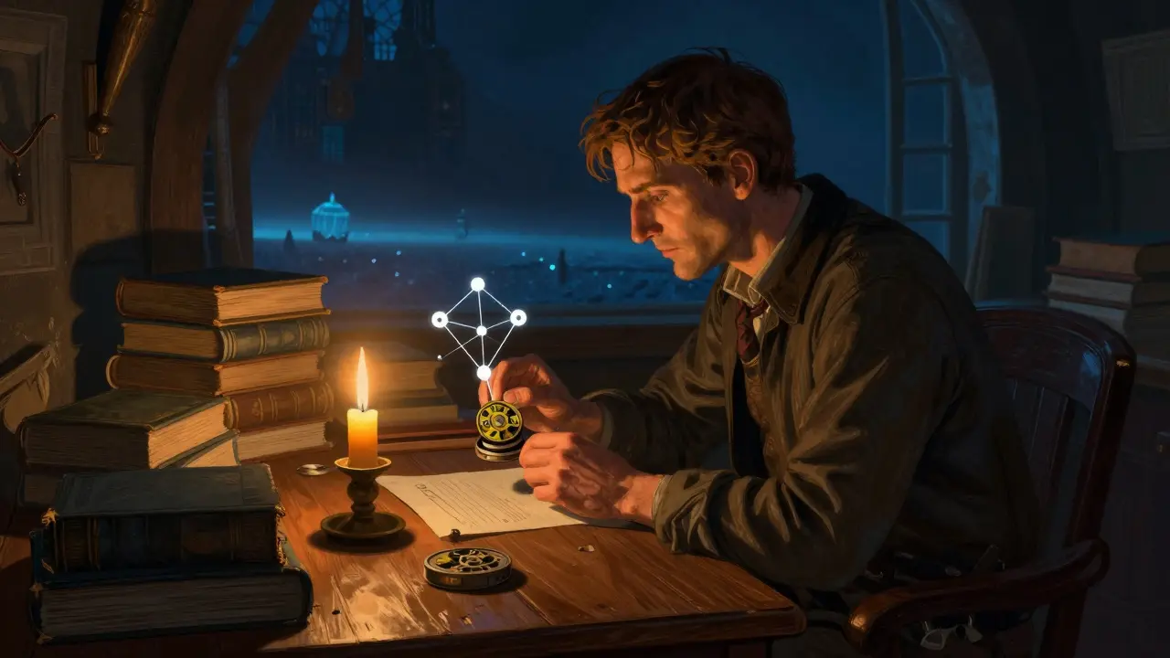 A trader studying a mechanical device in a candlelit room, assessing investment risks.
