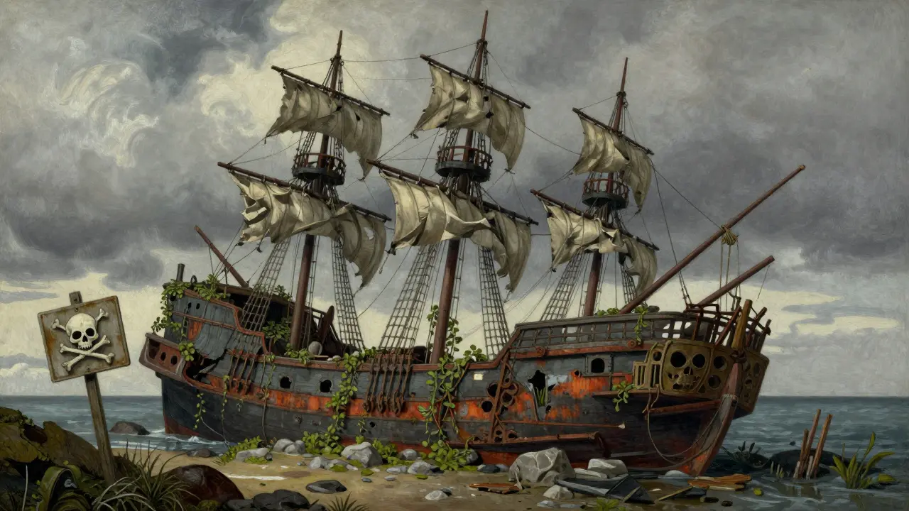 Abandoned pirate ship on shore symbolizing dead crypto project