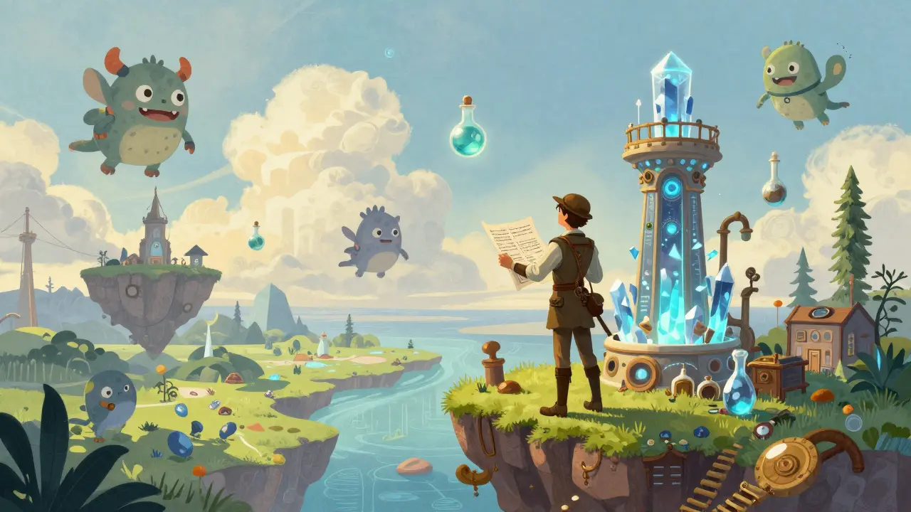 Adventurer building structures in a whimsical metaverse