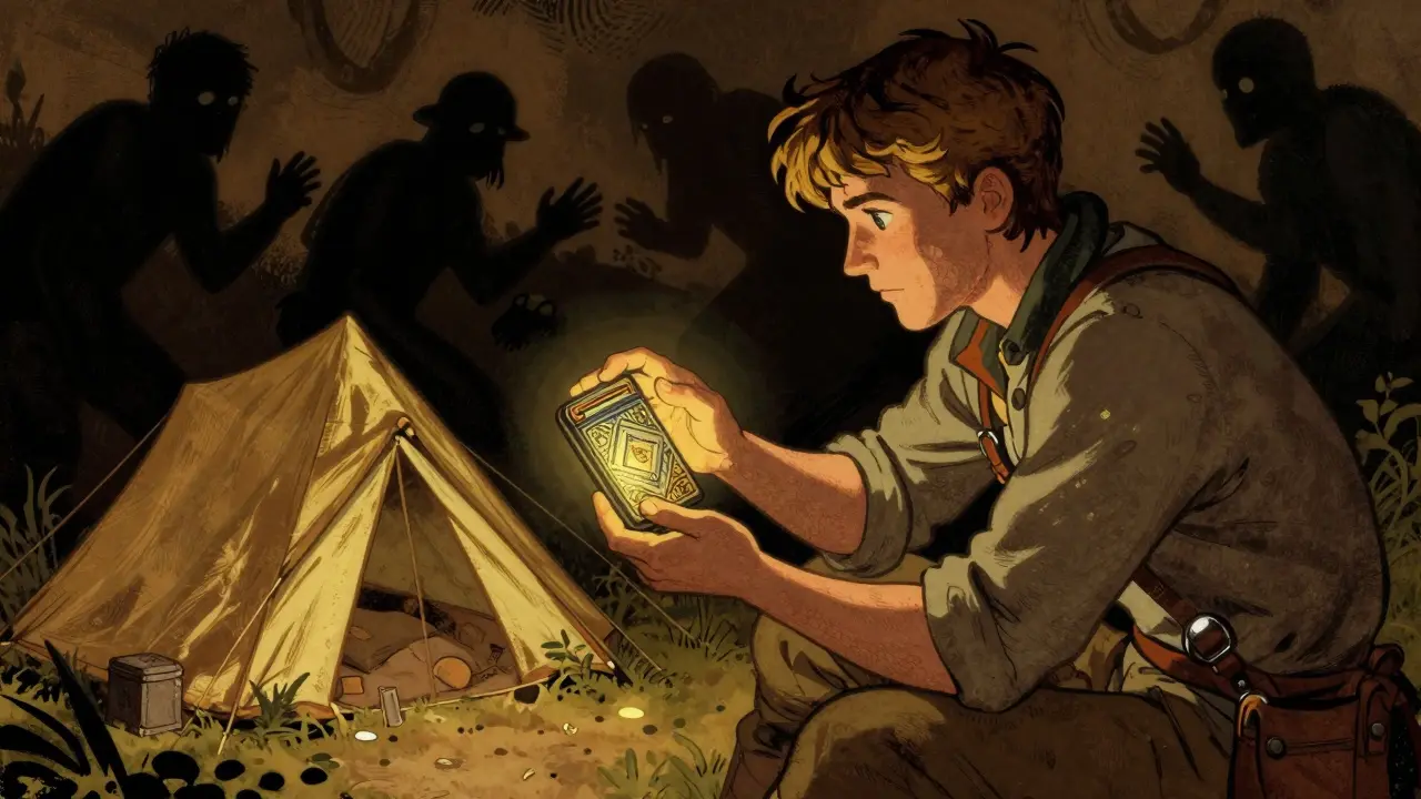 Adventurer securing a digital wallet amidst risks in Howard Pyle style