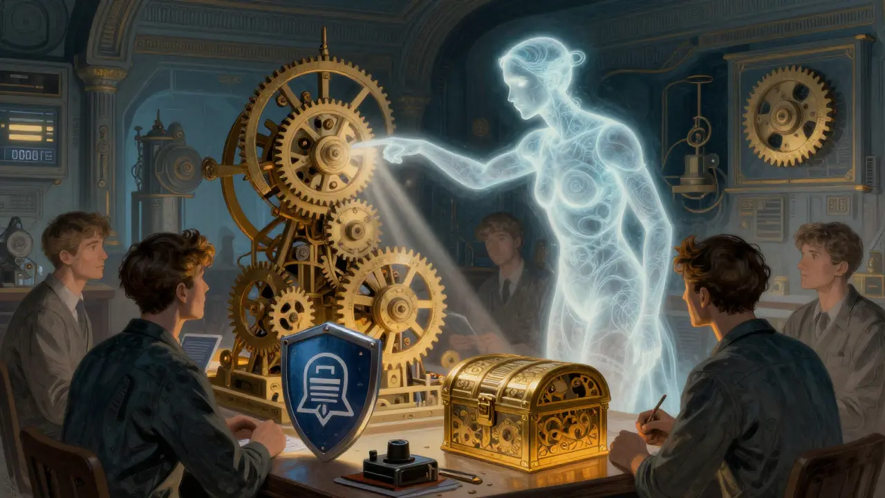 AI spirit assisting human auditors in inspecting complex clockwork blockchain code