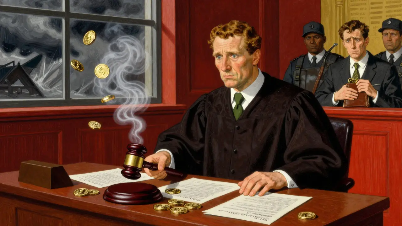 An illustration of a banker slamming a gavel, symbolizing strict enforcement against crypto.