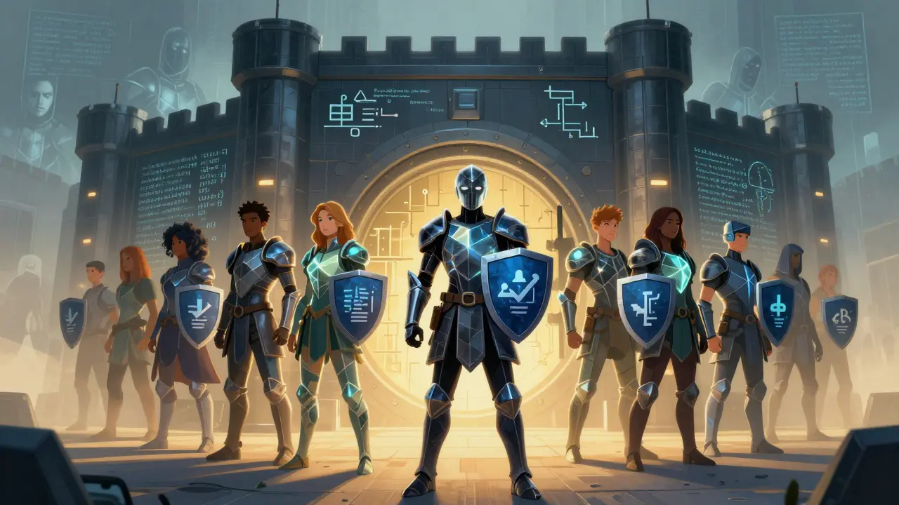 Armored guardians protecting a secure vault with code-based shields.