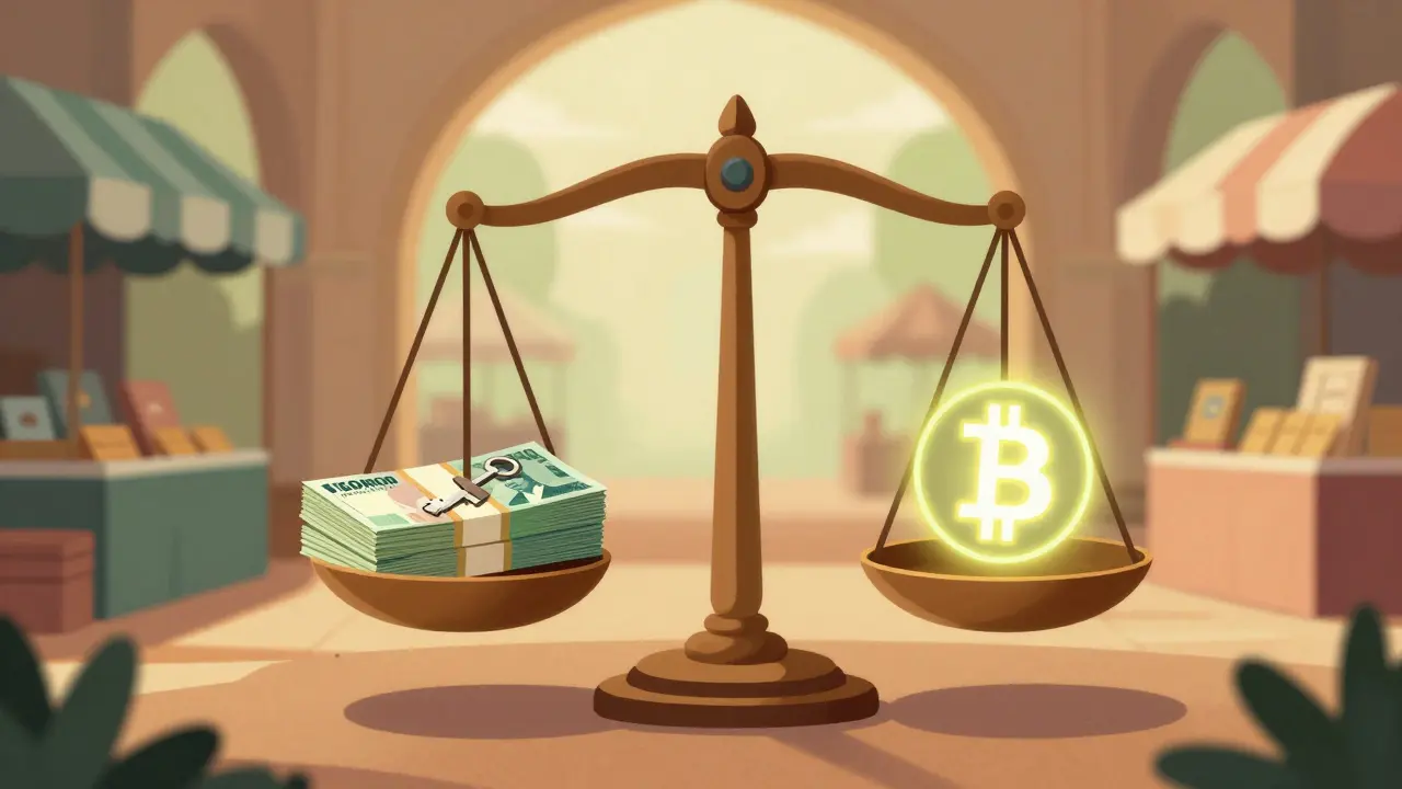 Balanced scale showing IDR cash and cryptocurrency assets