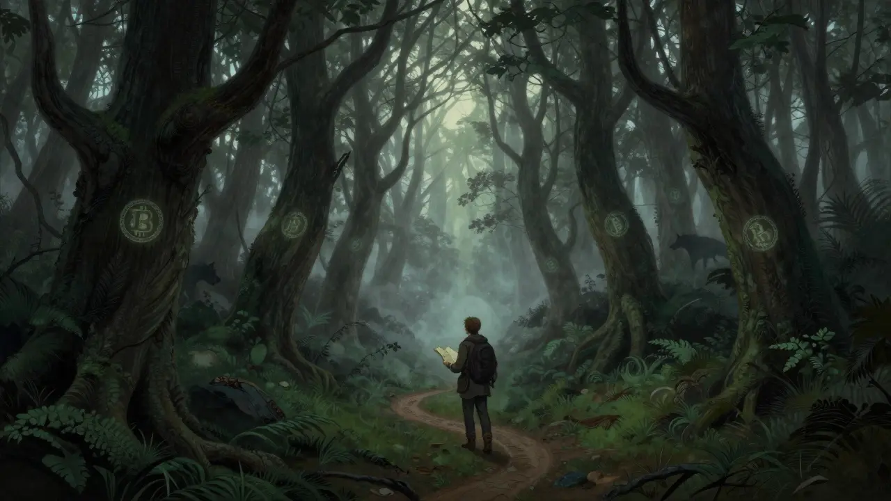 Cautious traveler navigating risky crypto forest path