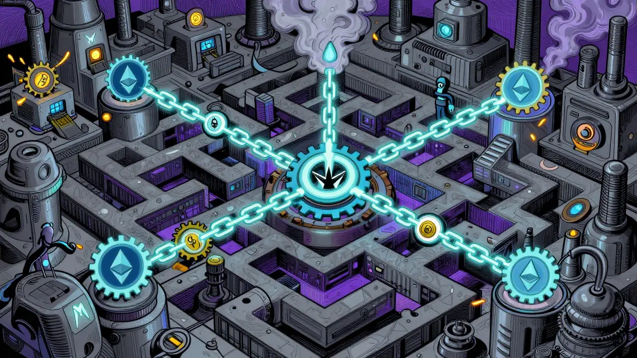 Character navigating complex chain network for crypto evasion