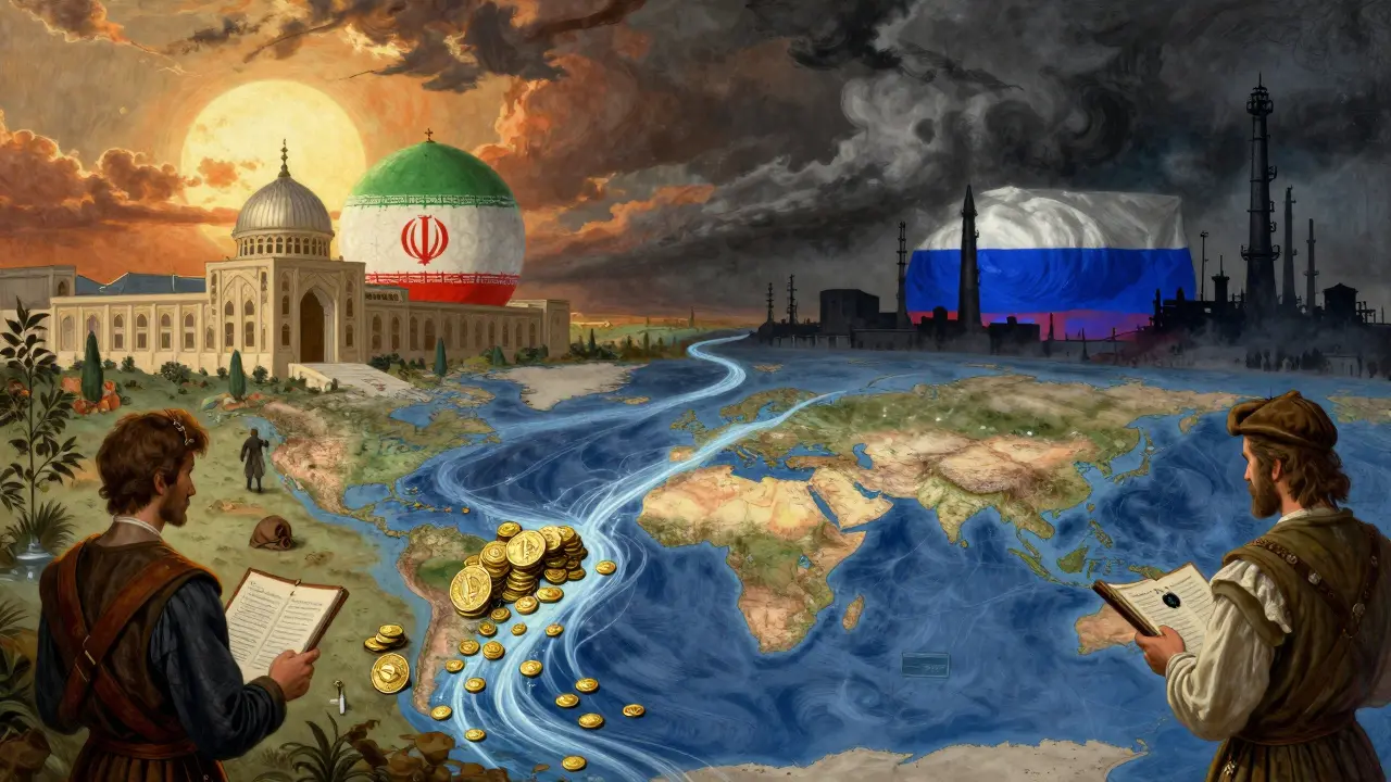 Digital coins flowing between Iranian and Russian landscapes