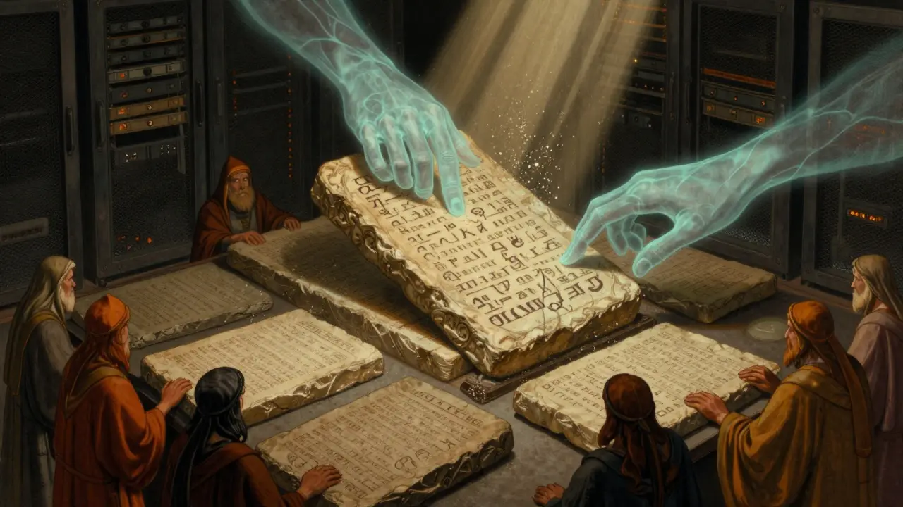Ethereal hands processing rune-covered stone tablets in a mystical server room