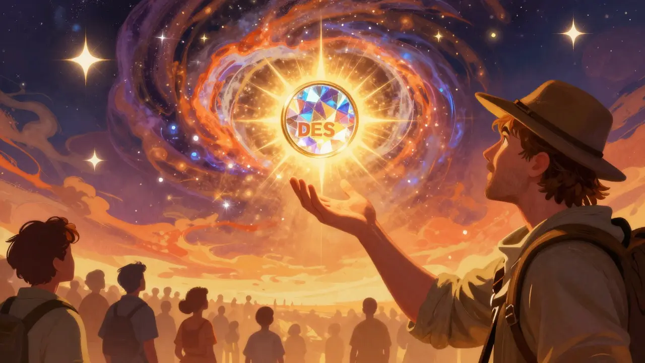 Explorer claiming a glowing DES token from a starry nebula