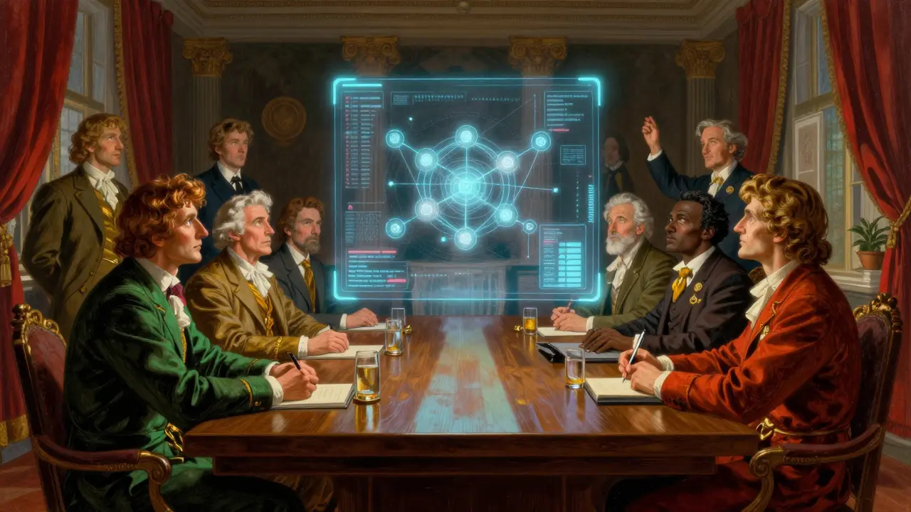 Financial leaders in a classical boardroom examining a floating holographic blockchain.