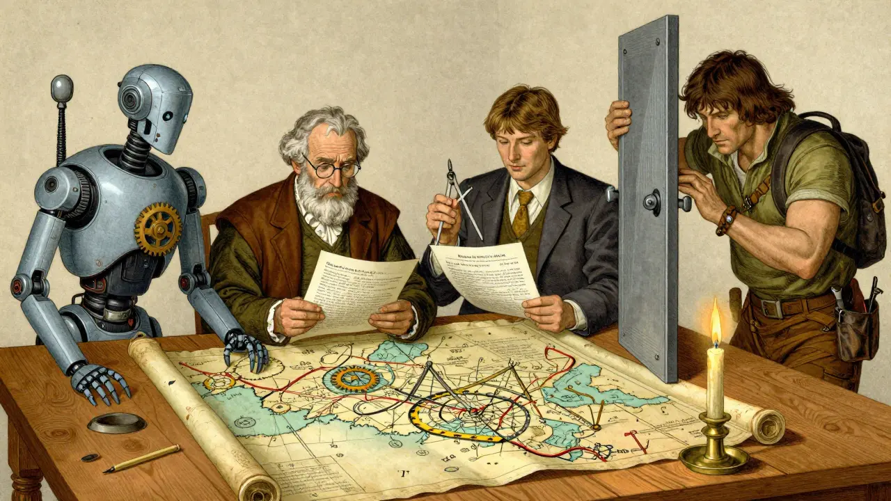 Four security expert archetypes collaborating over a blueprint in vintage style