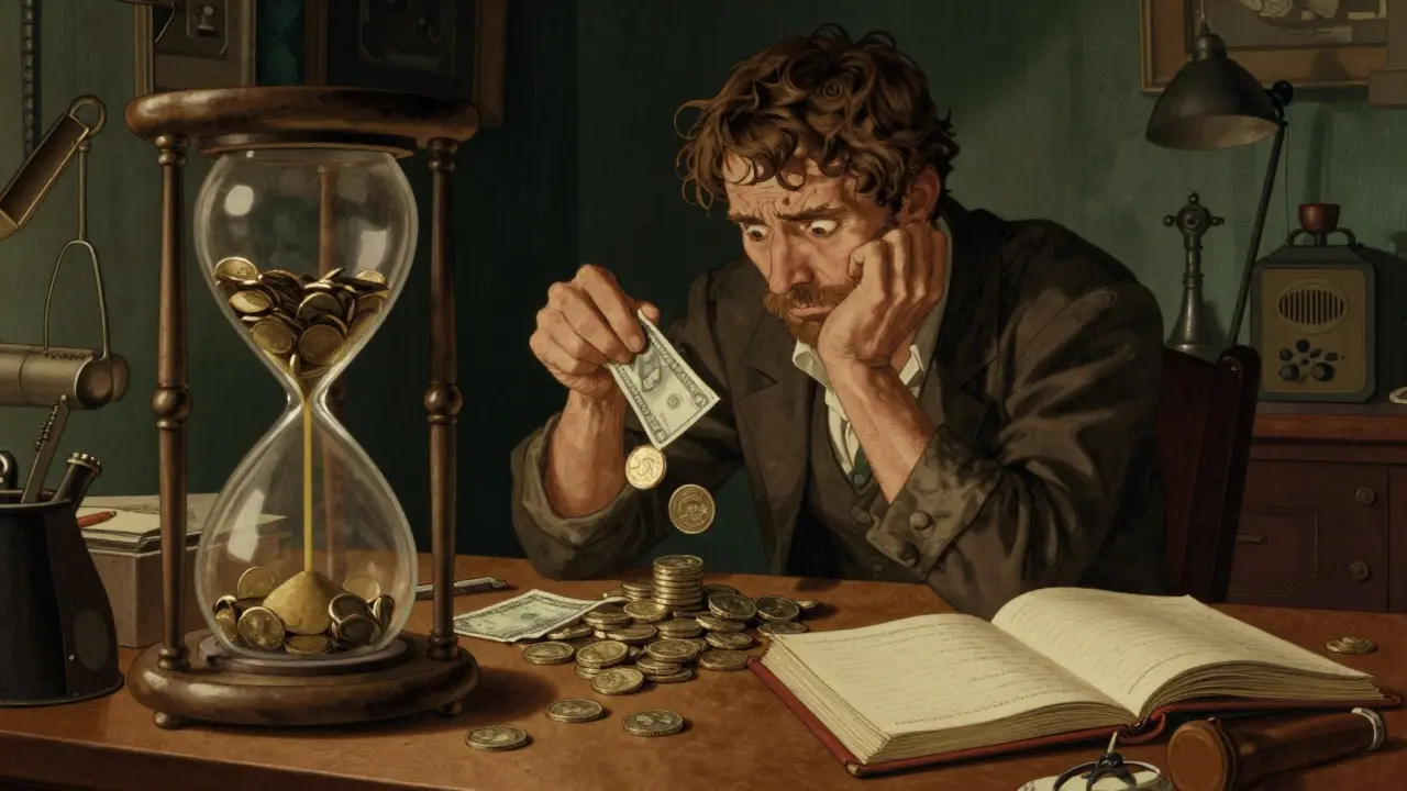Frustrated trader losing money due to fees and delays in vintage style