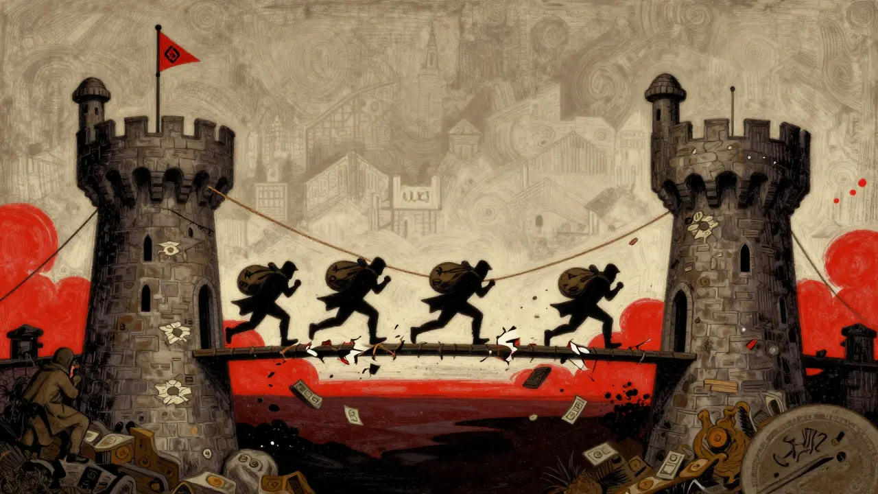 Hooded figures looting a crumbling bridge between two blockchain castles.