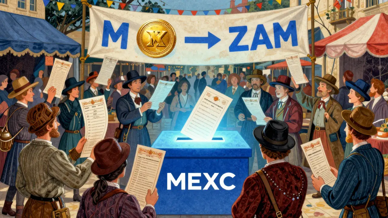 Howard Pyle style scene of users voting with MX tokens for Zamio airdrop rewards.