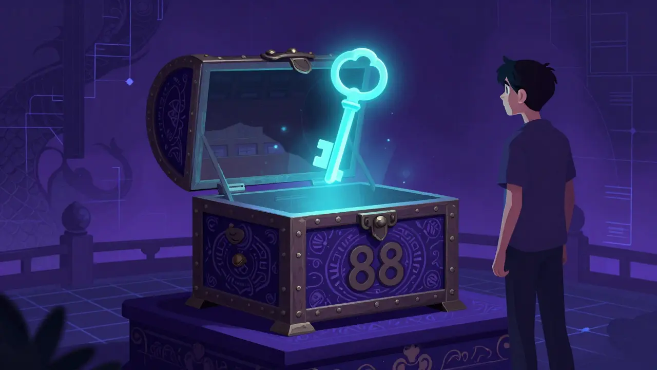 Illustration of a rare Zamio NFT emerging from a treasure chest marked with number 88.
