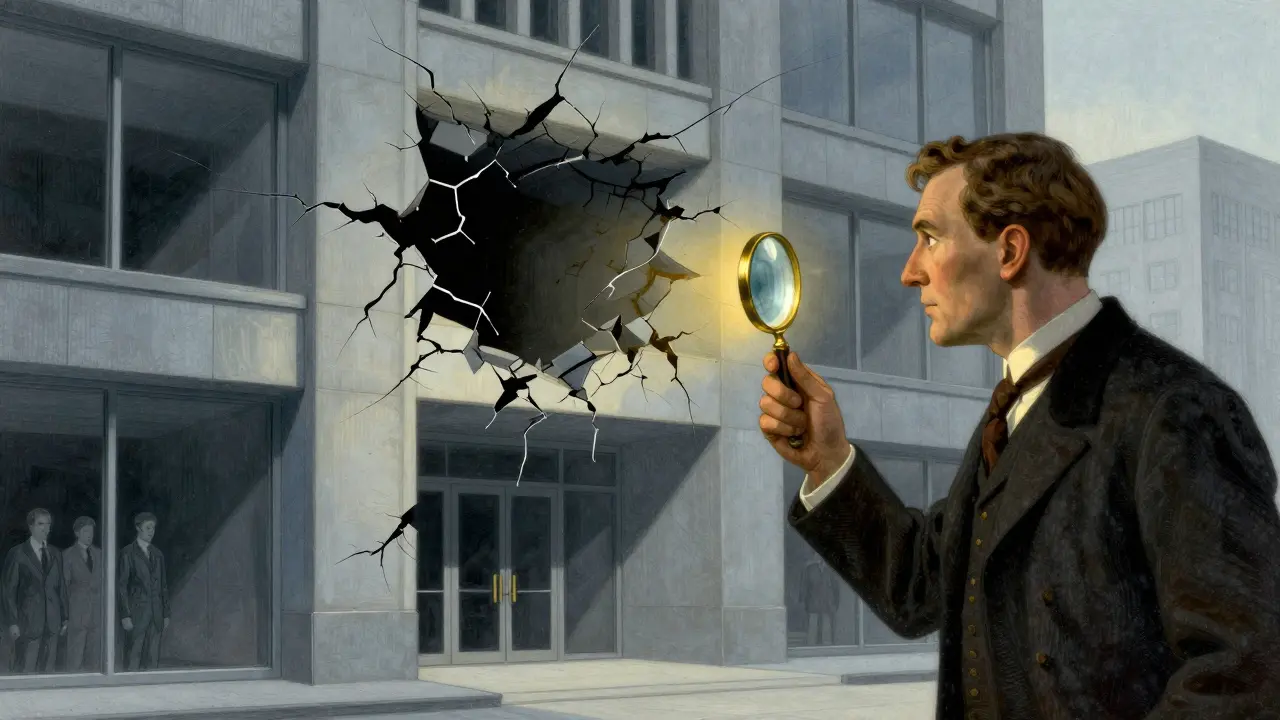 Investigator exposing a hollow fake building facade in Howard Pyle style
