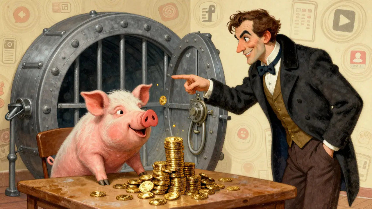 Investor tricked by fake profits into a locked vault, illustrating scam tactics.