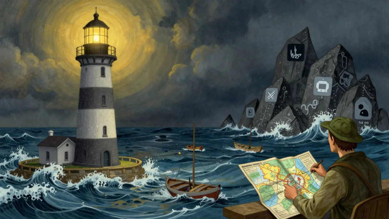 Lighthouse of safe exchanges vs stormy risky waters in Howard Pyle style