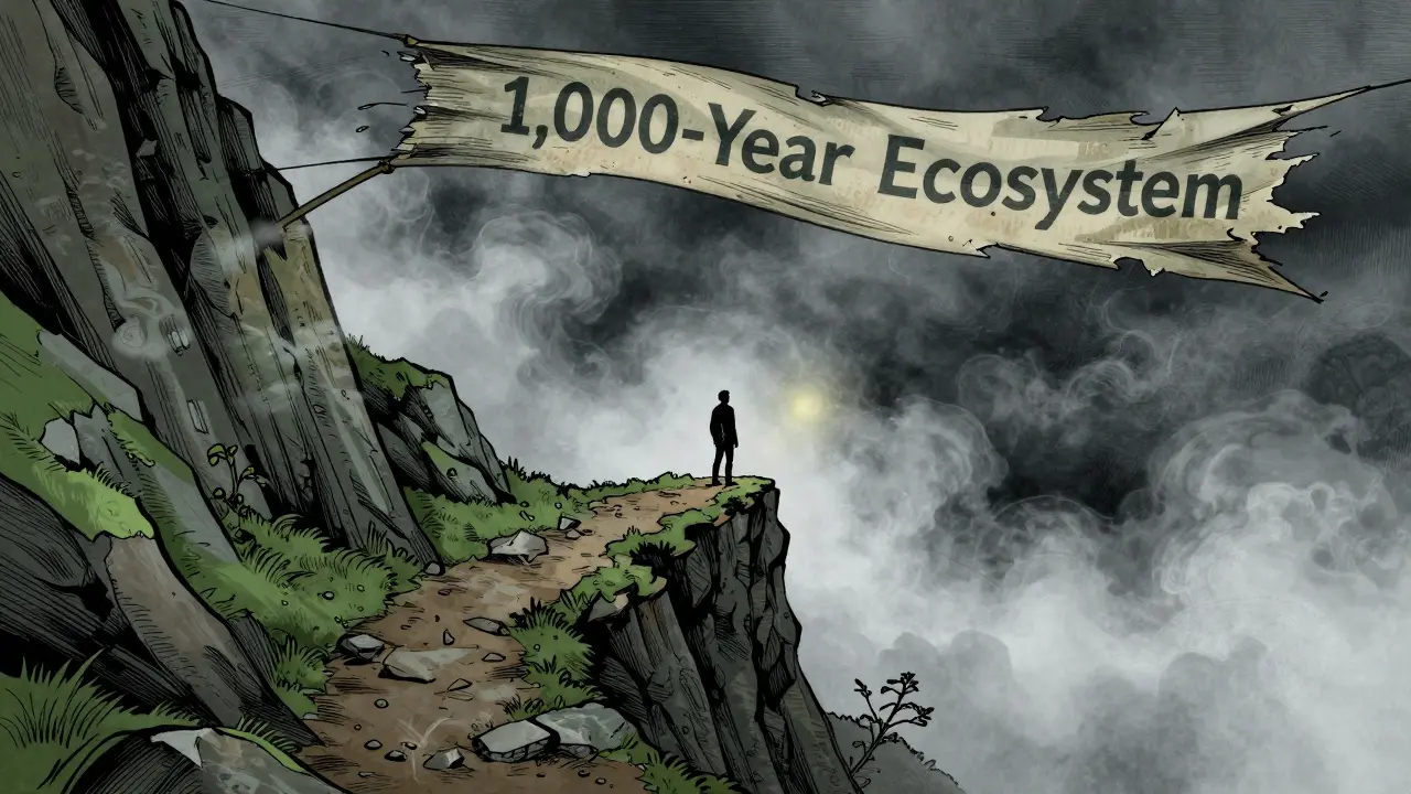 Lone figure overlooking a cliff with a tattered ecosystem banner