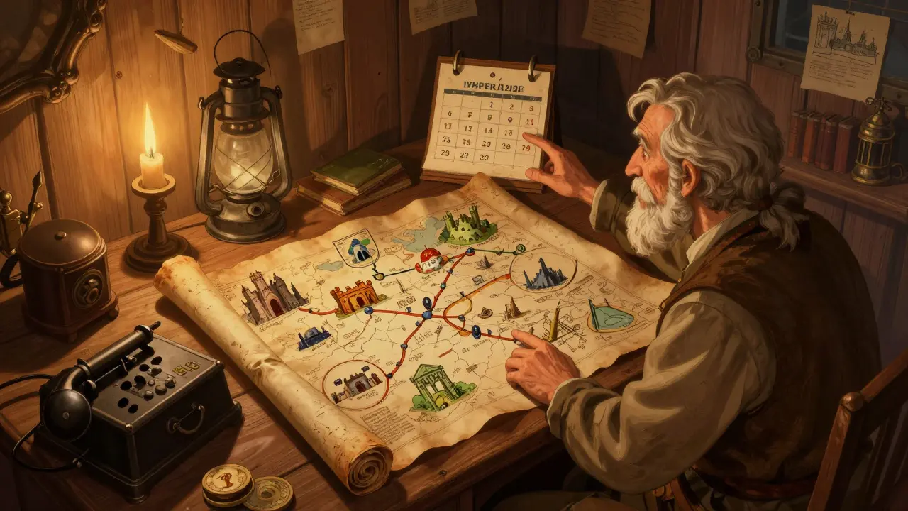 Mentor explaining crypto strategies with maps and scrolls