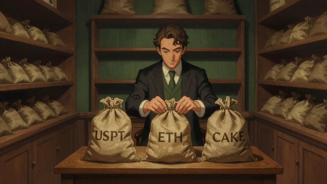 Merchant displaying only three valuable sacks in an otherwise empty, exclusive shop
